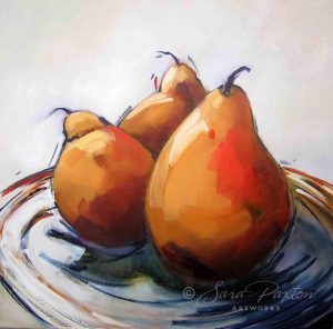 Pears on a plate - 92x92cm - Sara Paxton