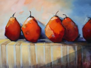Pears on Table – original oil painting by Sara Paxton, 120x90cm