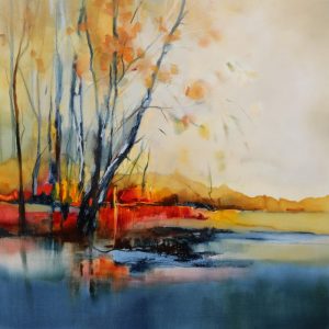 Autumn Riverbank – original oil painting by Sara Paxton, 106x106cm