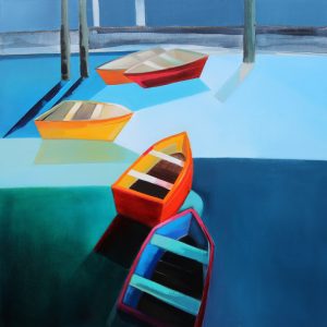 Five Boats – original oil painting by Sara Paxton, 92x92cm