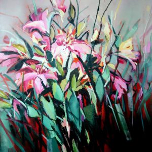Lillies – original oil painting by Sara Paxton, 92x92cm