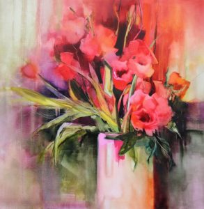 Pink Flowers in Vase – original oil painting by Sara Paxton, 106x106cm