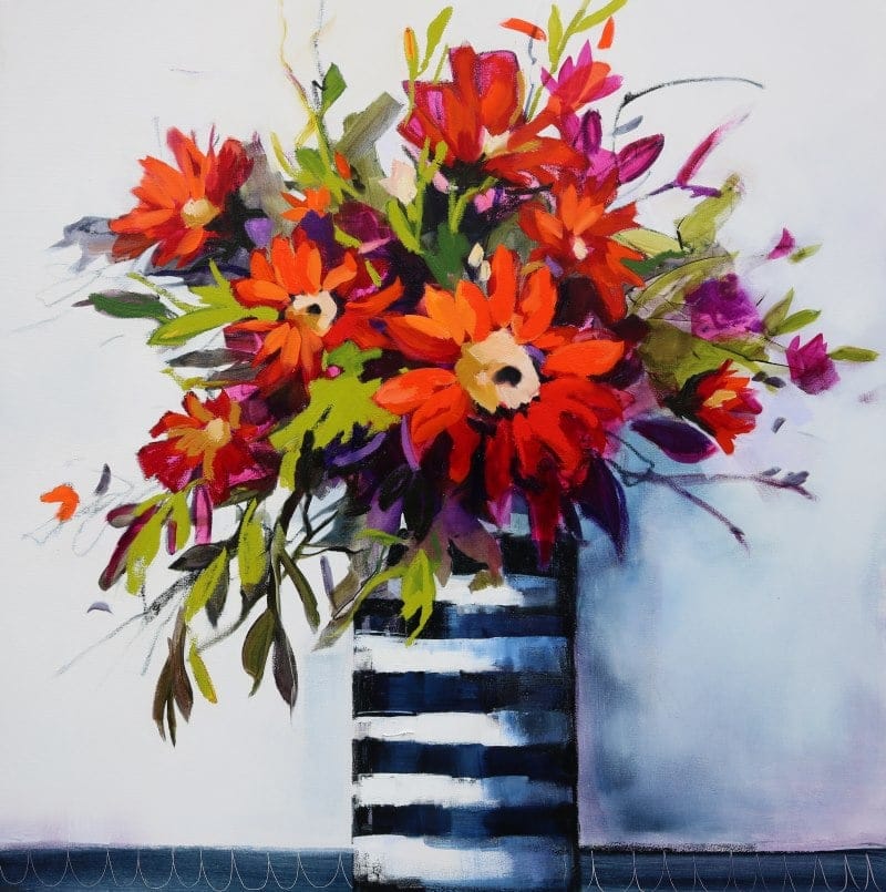 Sunflowers in Stripped Vase – original oil painting by Sara Paxton, 106x106cm