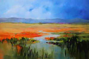 Orange Landscape – original oil painting by Sara Paxton, 150x100cm