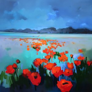 Luminous Poppies – original oil painting by Sara Paxton, 106x106cm