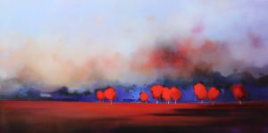 Red Trees in Landscape – original oil painting by Sara Paxton, 152x76cm