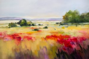 Red Poppy Landscape – original oil painting by Sara Paxton, 150x100cm