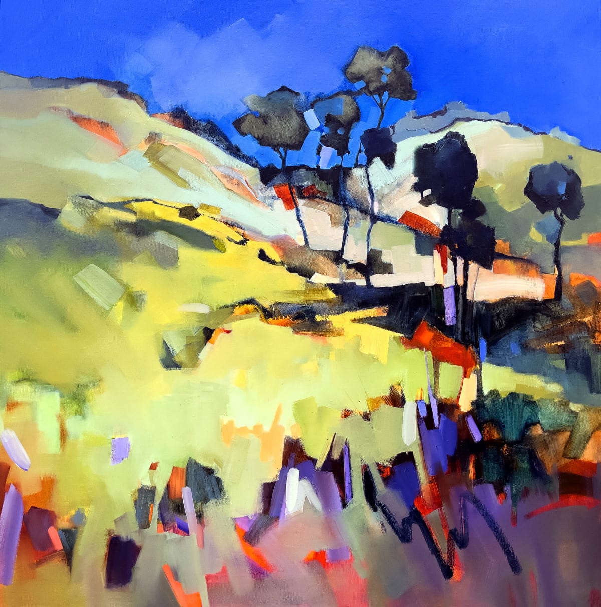 Trees on Hillside – original oil painting by Sara Paxton, 106x106cm
