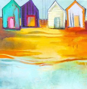Beach Huts – original oil painting by Sara Paxton, 26x26cm