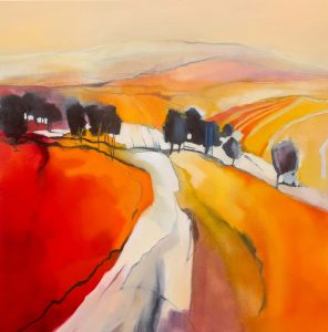 Crimson Hills – original oil painting by Sara Paxton, 80x80cm
